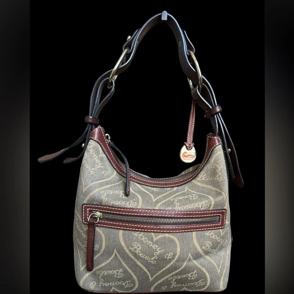 Vtg Dooney Bourke Denim Heart Olive Green & Amber Signature Bag Slouch Purse - Picture 4 of 10
